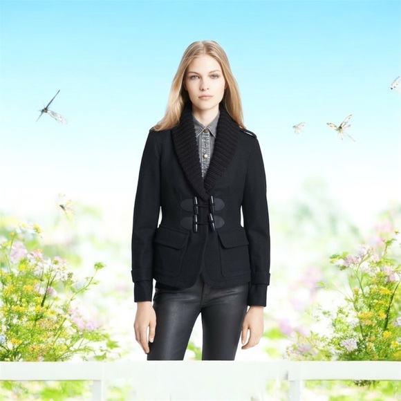 BURBERRY BRIT Toggle Front Black Wool Jacket Coat Knit Shawl Sz 4 US 38 EU - Picture 1 of 11